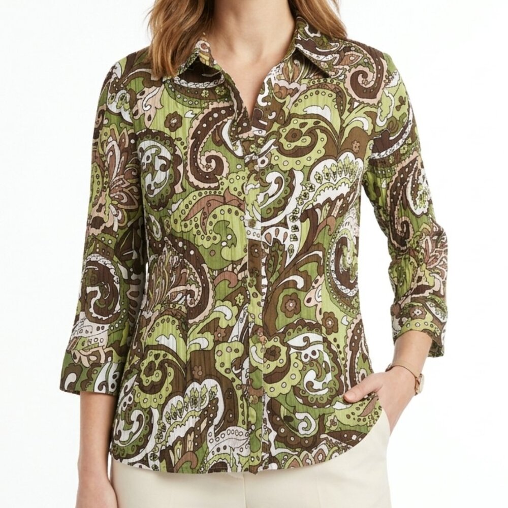Apt. 9 Large Green & Brown Paisley Plissé Pleated Button Up Blouse